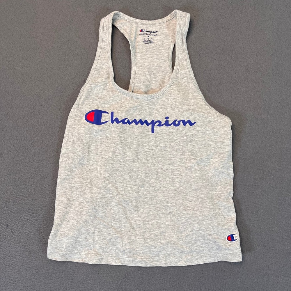 Champion Womens Med Tank Top Heather Gray Logo Racerback Scoop Neck Spellout